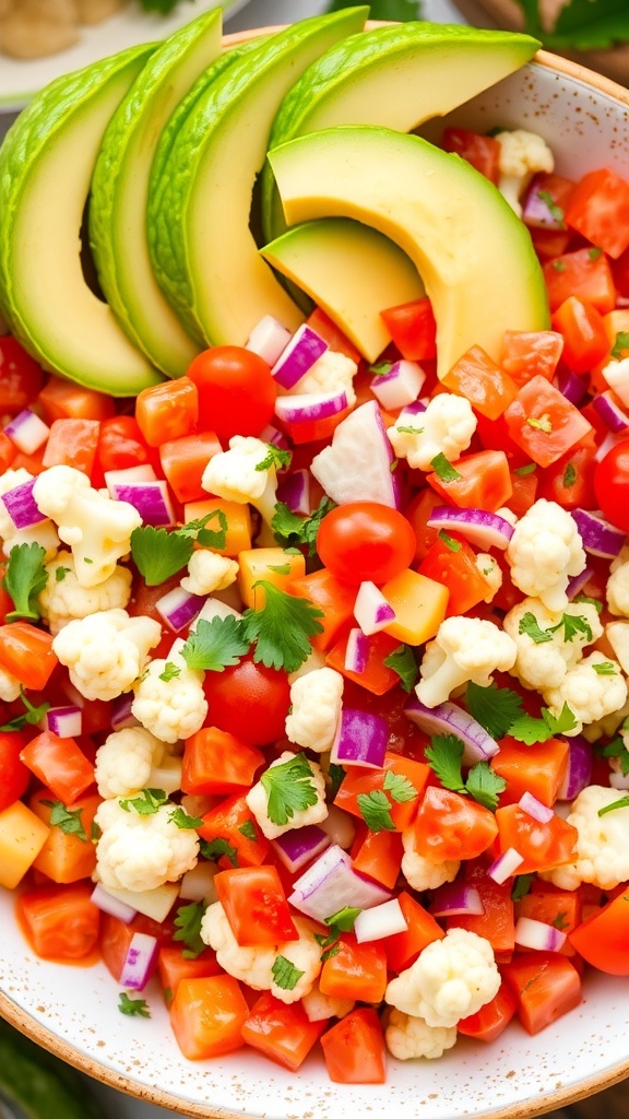 A bowl of refreshing cauliflower ceviche with tomatoes, onions, cilantro, and avocado slices.